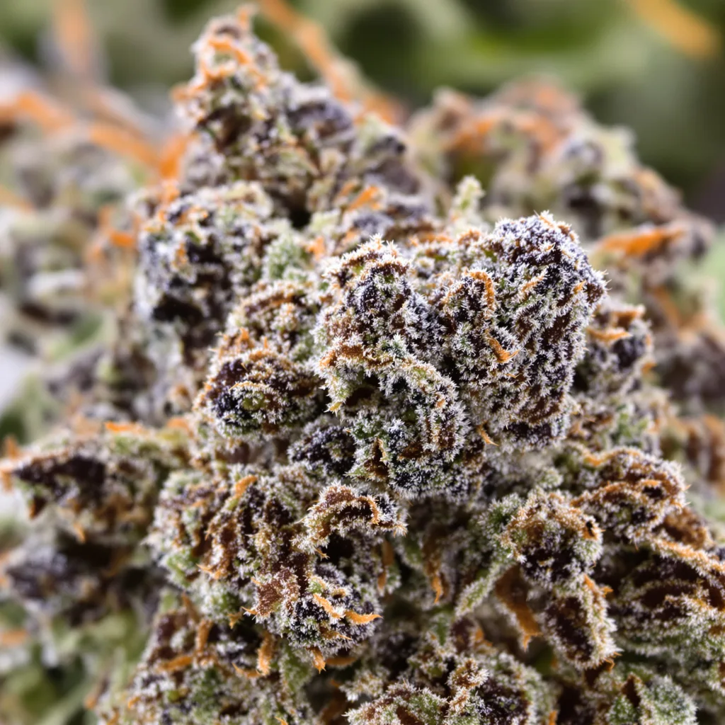 Gros plan de fleur de cannabis Mint Chocolate montrant calices denses aux reflets violets