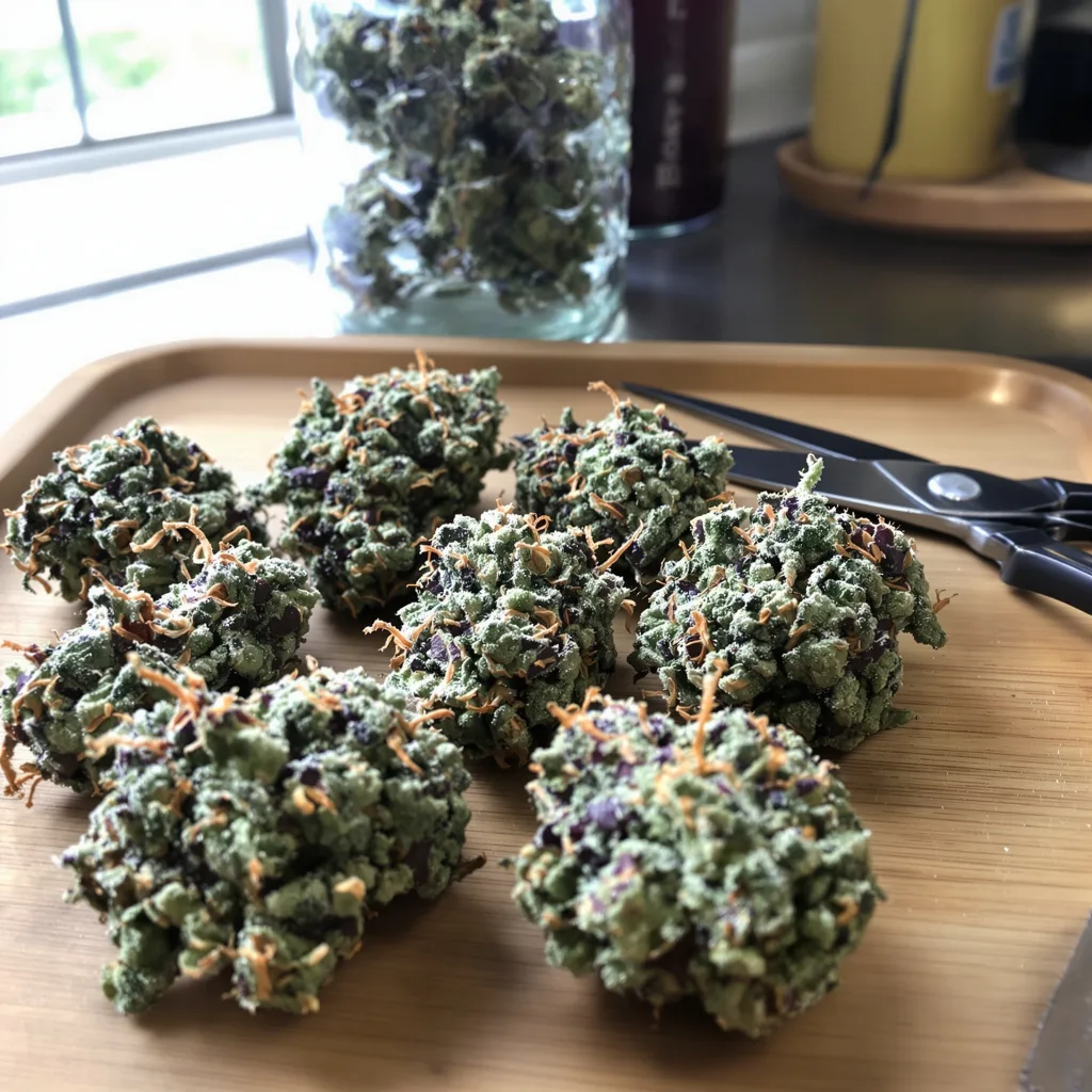 Mint 52% indica / 48% sativa — fleur avec trichomes visibles