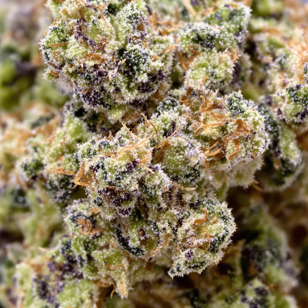 Gros plan de fleur de cannabis Mint montrant structure équilibrée avec trichomes givrés