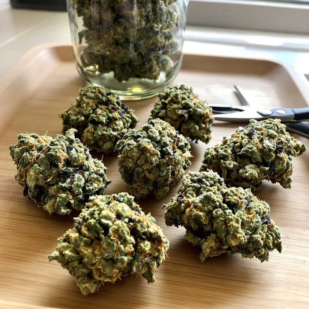 Misty Kush 47% indica / 53% sativa — fleur avec trichomes visibles