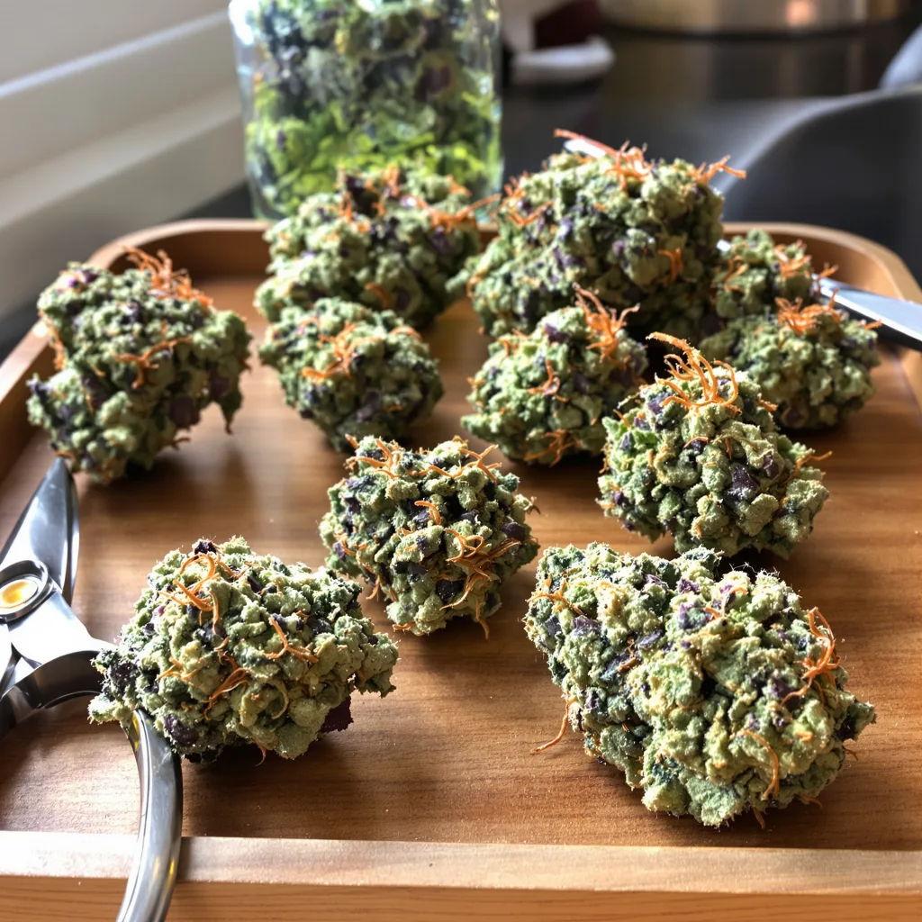 Misty Kush 47% indica / 53% sativa — fleur avec trichomes visibles