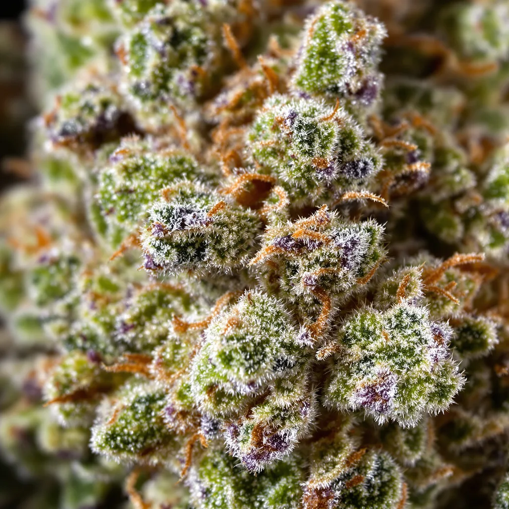Gros plan de fleur de cannabis Mob Boss montrant structure ouverte avec pistils orangés