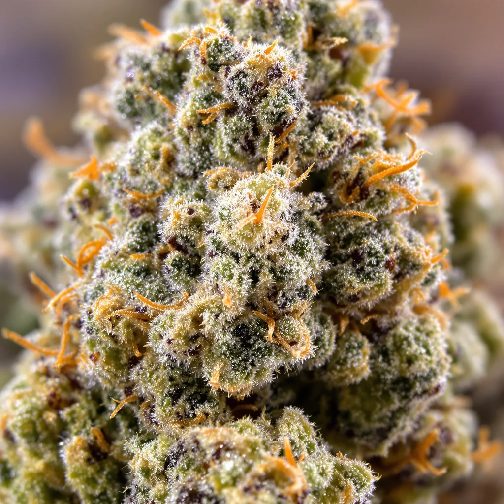 Gros plan de fleur de cannabis Mob Boss montrant structure ouverte avec pistils orangés