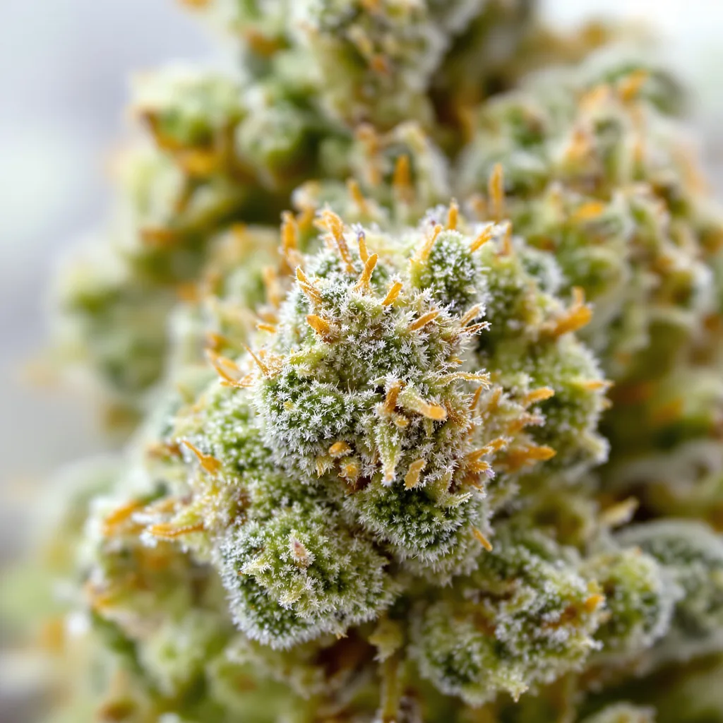 Gros plan de fleur de cannabis Moby Dick montrant structure aérée vert lime