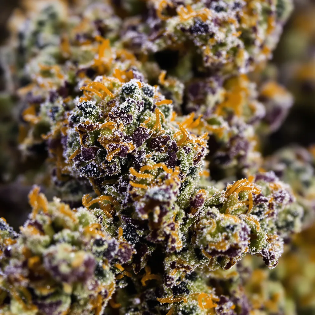 Gros plan de fleur de cannabis Money Maker montrant calices denses aux reflets violets