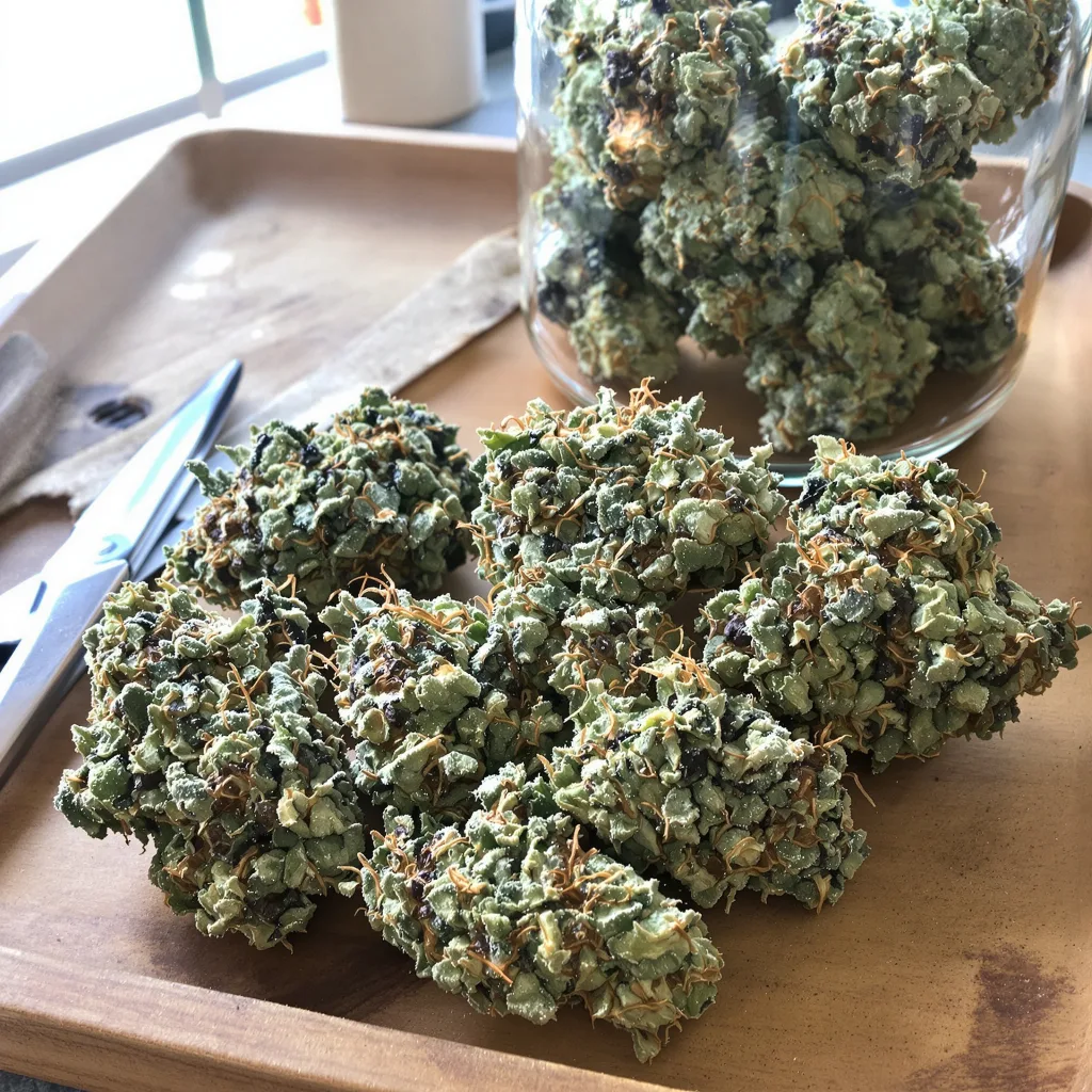 Monkey Berries 35% indica / 65% sativa — fleur avec trichomes visibles