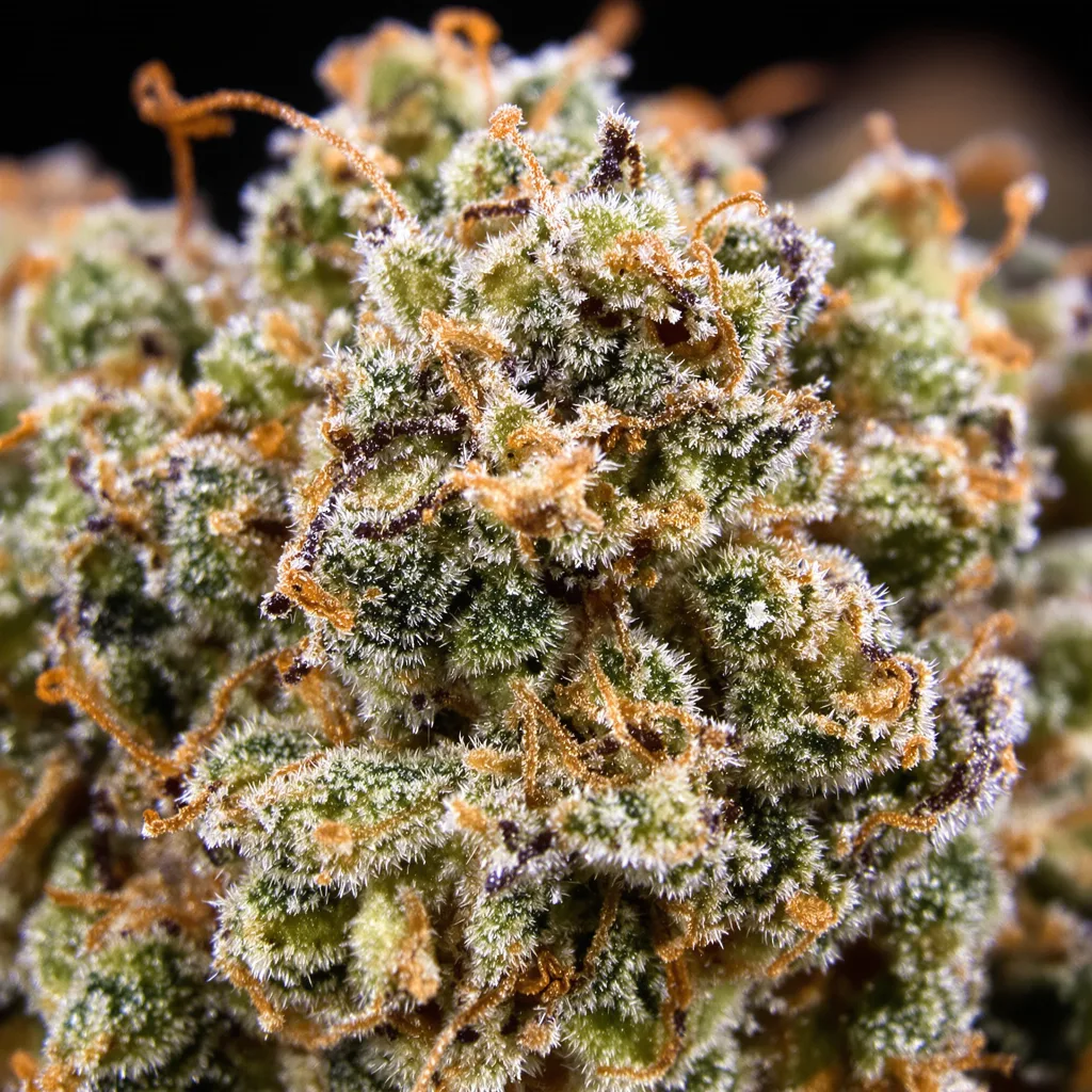 Gros plan de fleur de cannabis Monkey Berries montrant structure ouverte avec pistils orangés