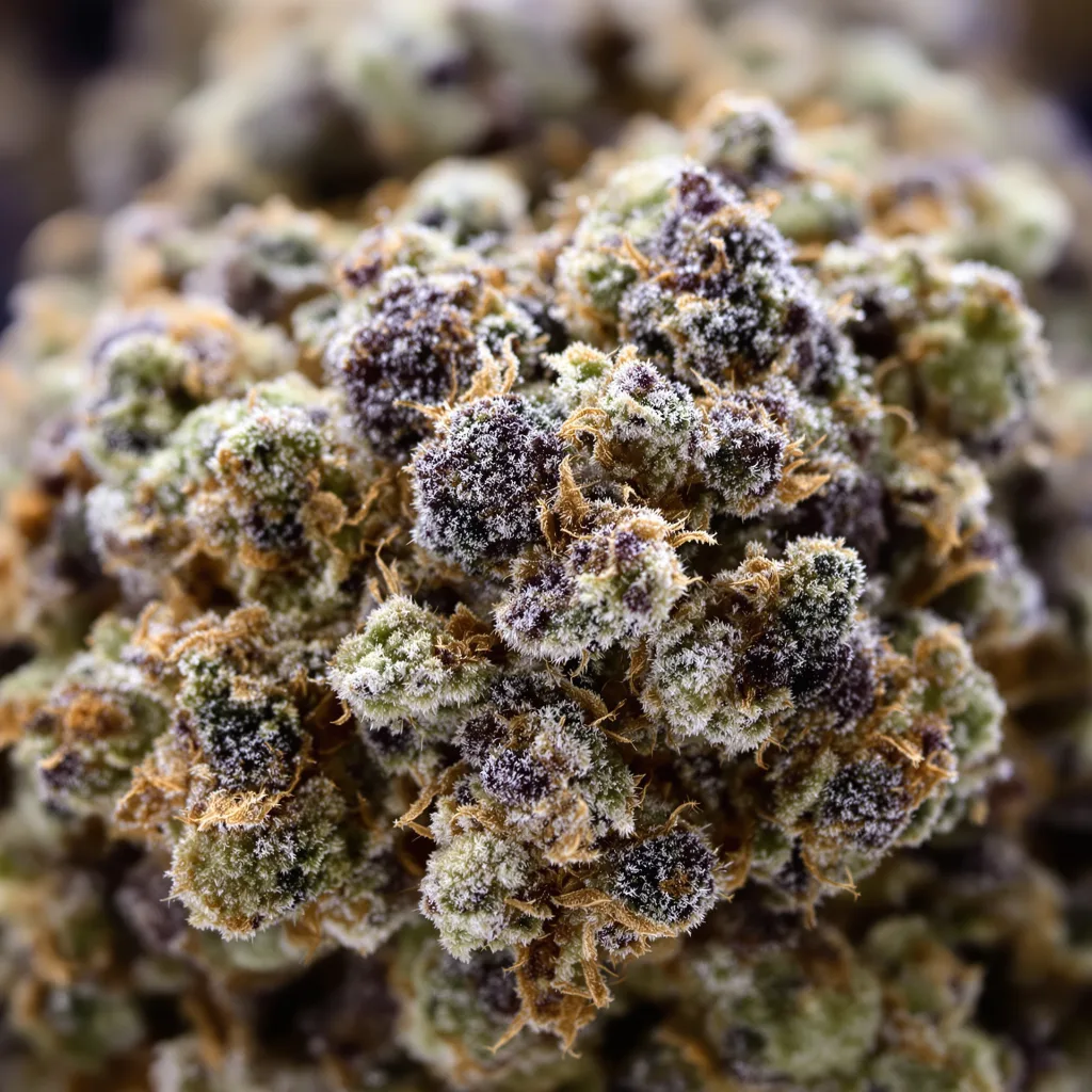 Gros plan de fleur de cannabis Monster Cookies montrant calices denses aux reflets violets