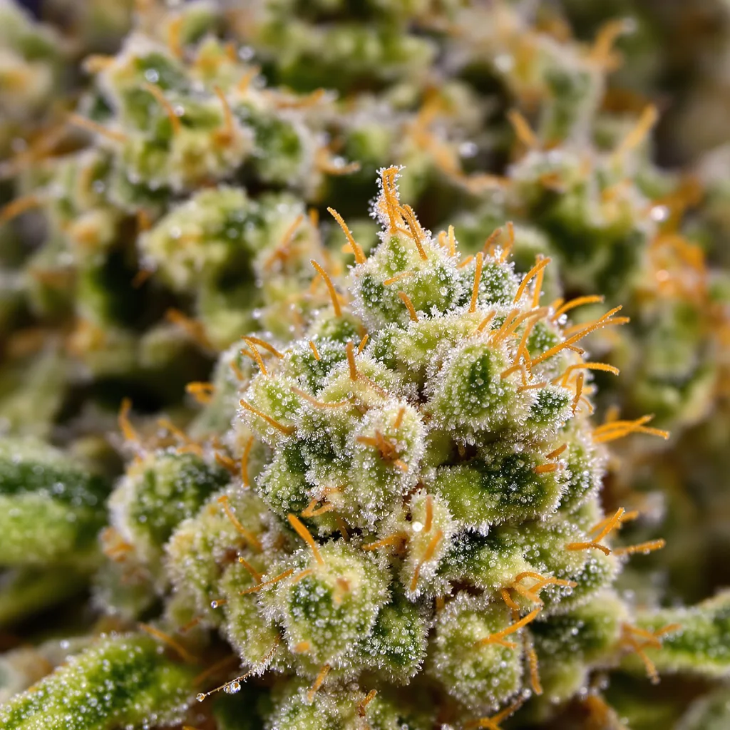 Gros plan de fleur de cannabis Montana Silvertip montrant structure aérée vert lime