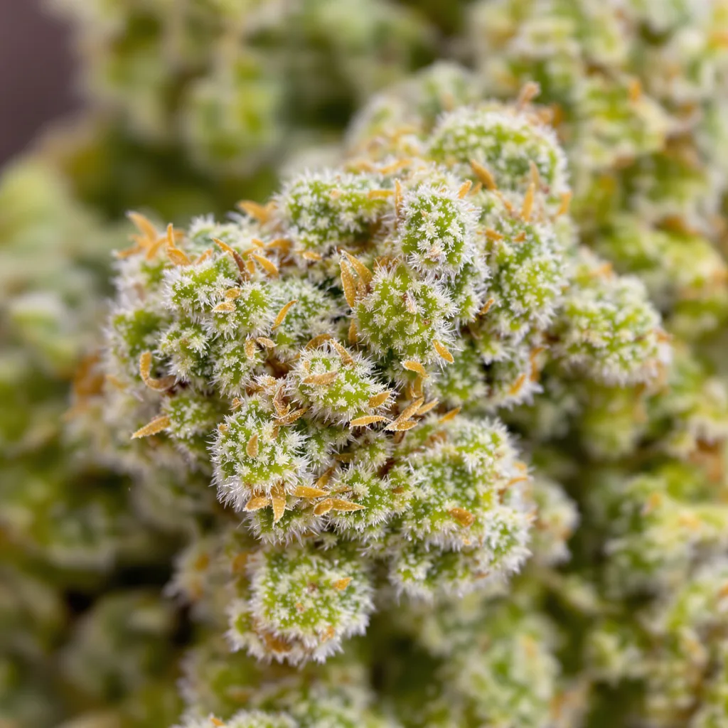 Gros plan de fleur de cannabis Moonshine Haze montrant structure aérée vert lime