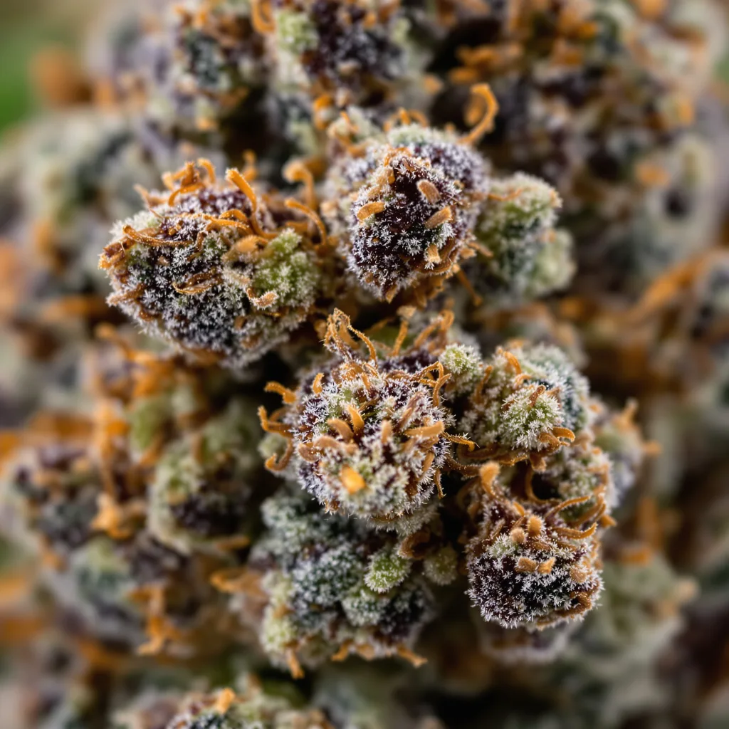 Gros plan de fleur de cannabis Motavation montrant calices denses aux reflets violets