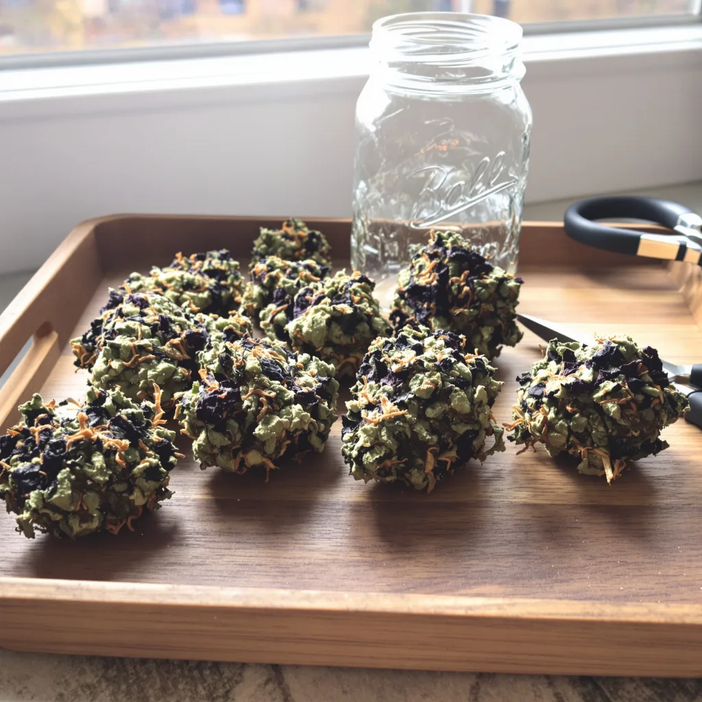 Motavation 72% indica / 28% sativa — fleur avec trichomes visibles