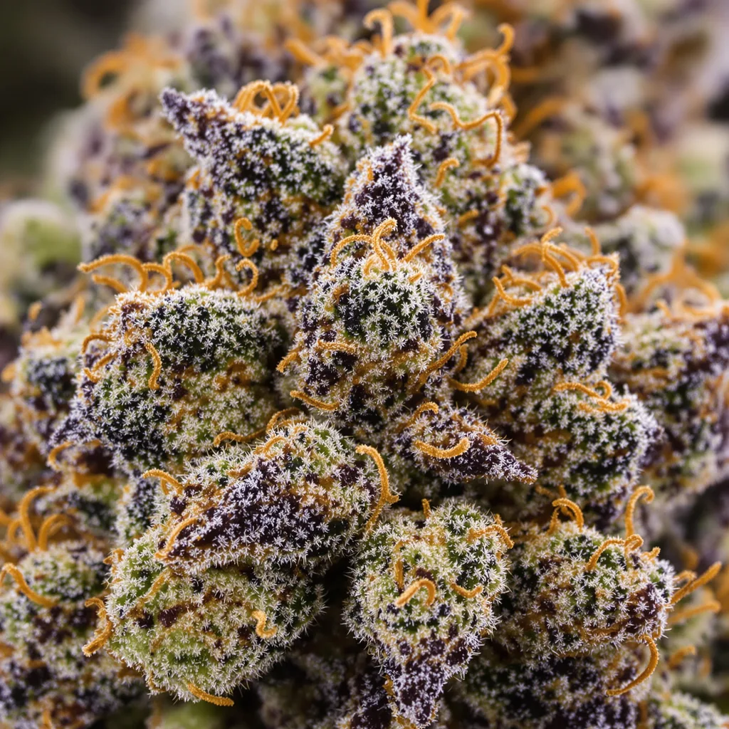 Gros plan de fleur de cannabis Motavation montrant calices denses aux reflets violets