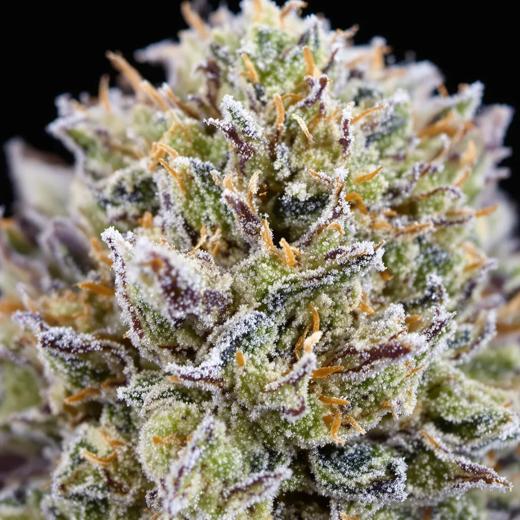 Gros plan de fleur de cannabis Mother’s Helper montrant structure équilibrée avec trichomes givrés