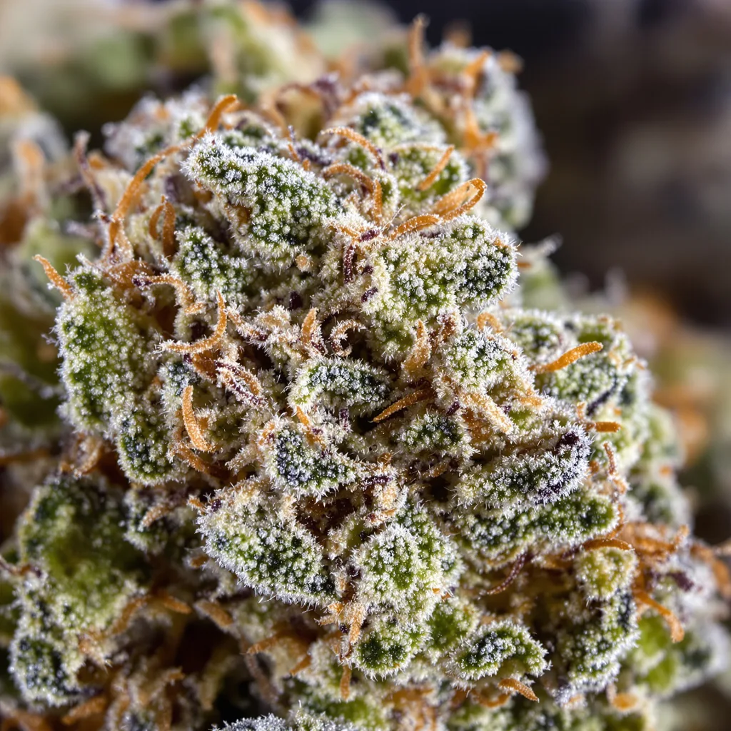 Gros plan de fleur de cannabis Ms. Universe montrant structure équilibrée avec trichomes givrés