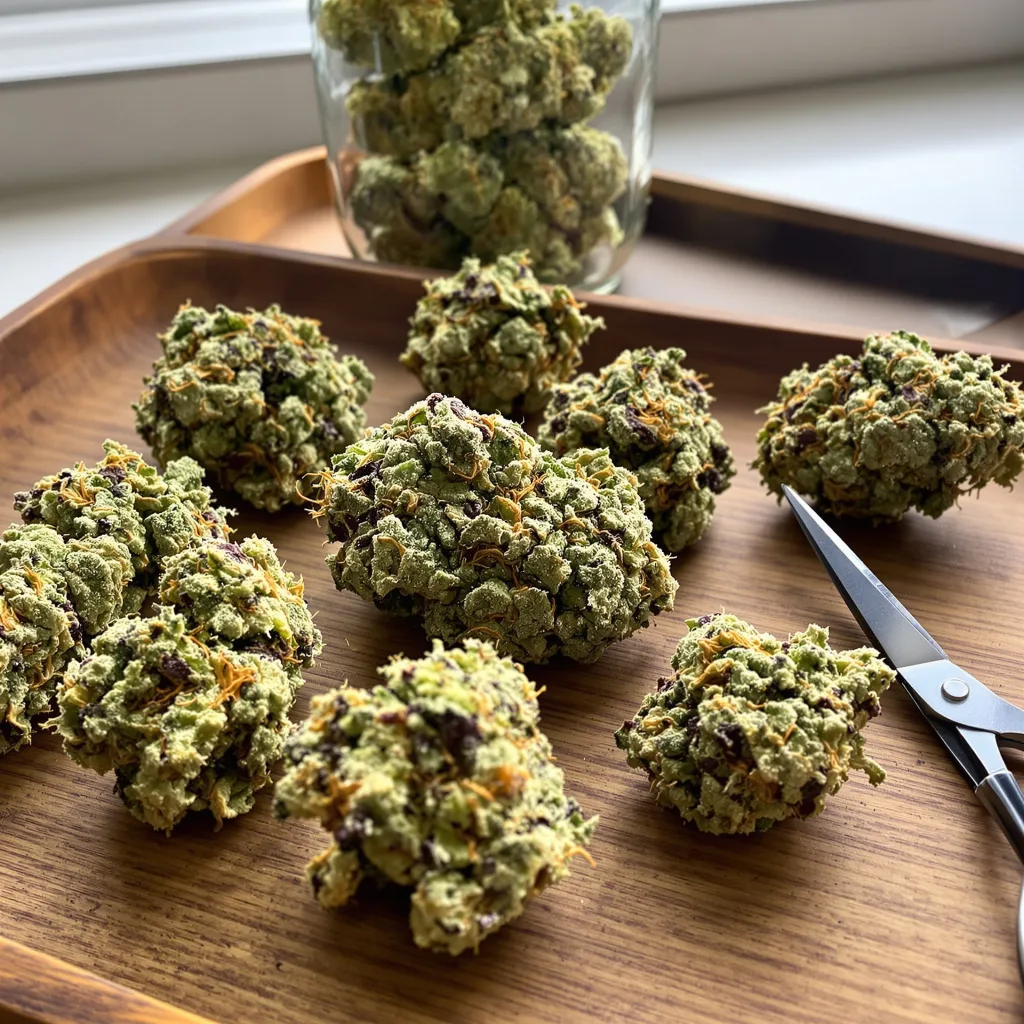 Mt. Rainier 43% indica / 57% sativa — fleur avec trichomes visibles