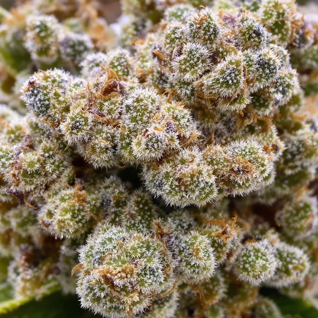 Gros plan de fleur de cannabis Mt. Rainier montrant structure équilibrée avec trichomes givrés