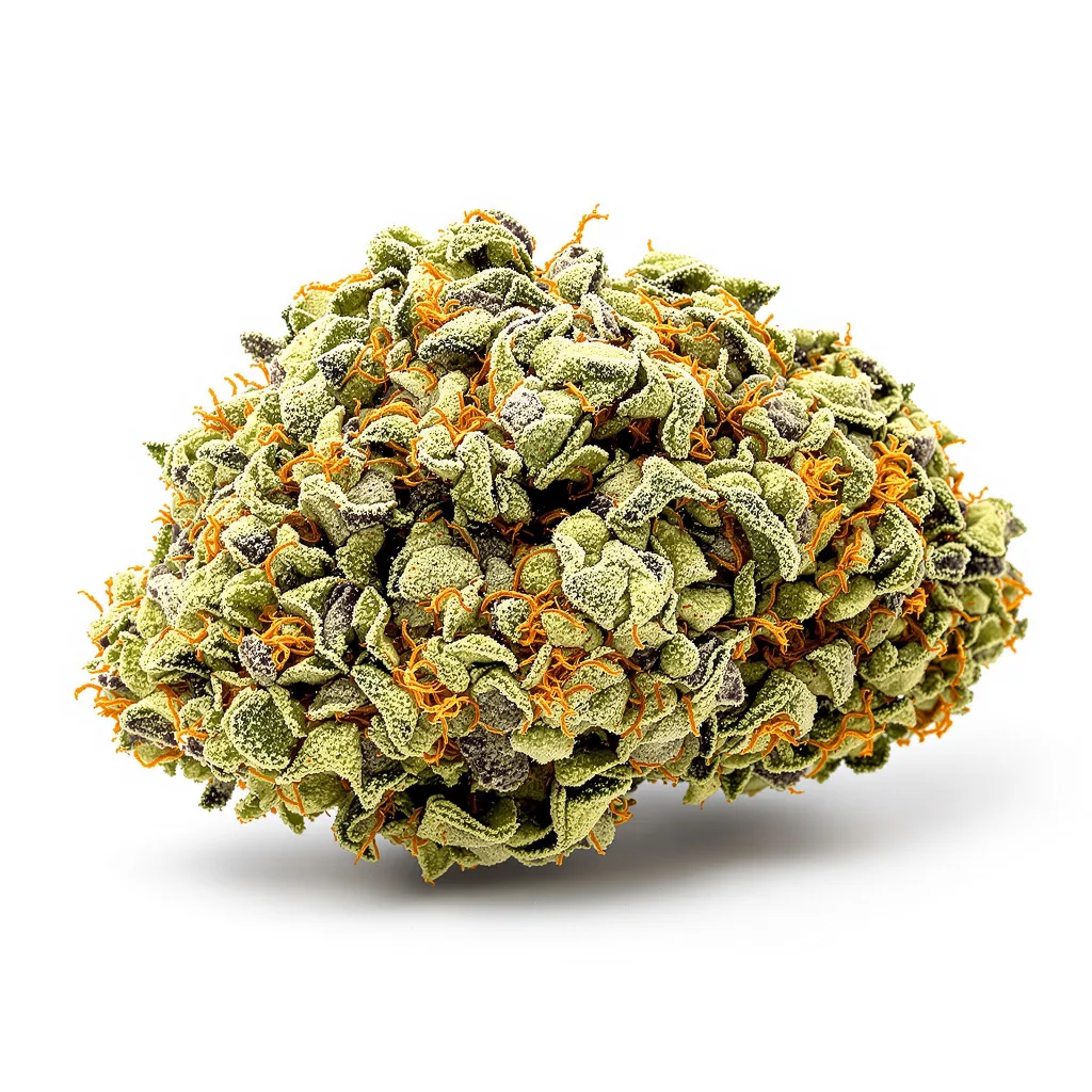 Mt. Rainier 43% indica / 57% sativa — fleur avec trichomes visibles