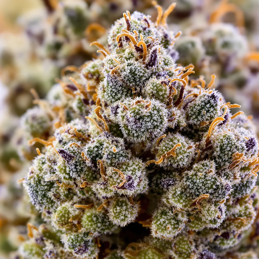 Gros plan de fleur de cannabis Nebula montrant structure ouverte avec pistils orangés