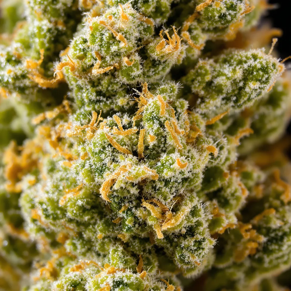 Gros plan de fleur de cannabis Neptune Kush montrant structure aérée vert lime