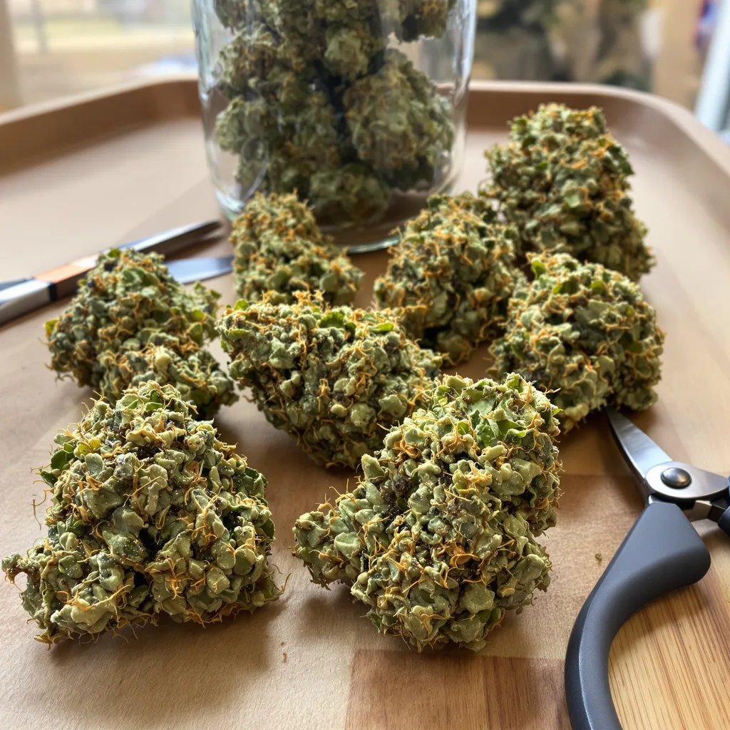 Neptune Kush 10% indica / 90% sativa — fleur avec trichomes visibles