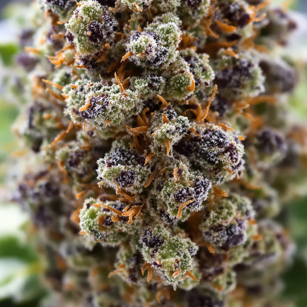 Gros plan de fleur de cannabis Neptune OG montrant calices denses aux reflets violets