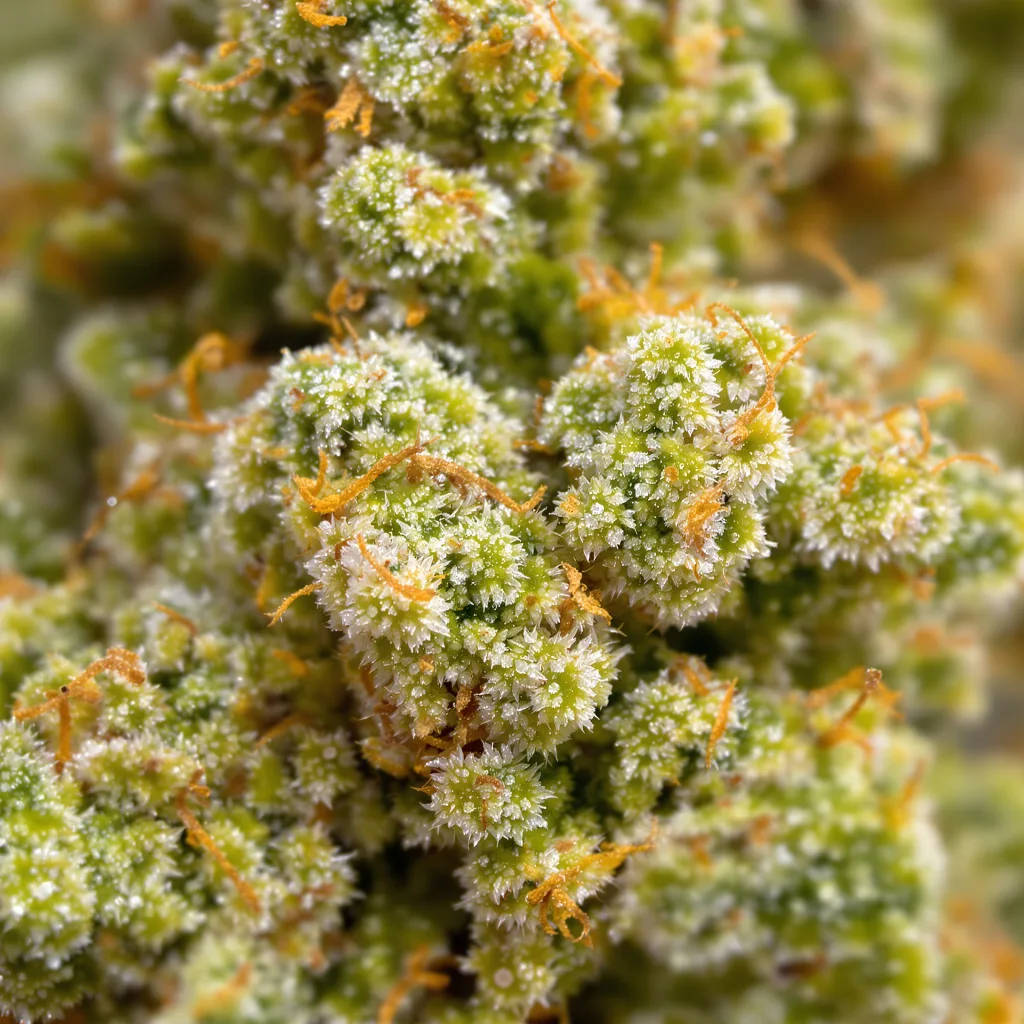 Gros plan de fleur de cannabis Neville's Haze montrant structure aérée vert lime