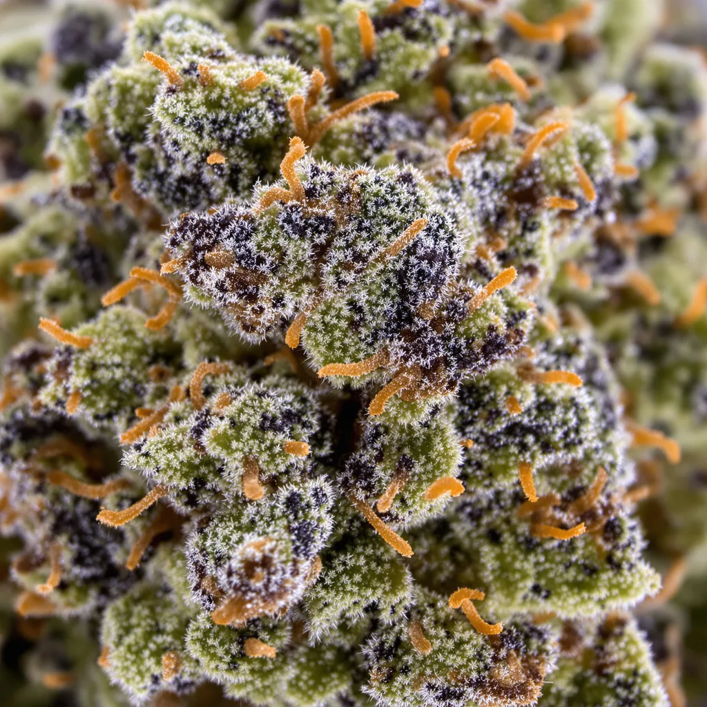 Gros plan de fleur de cannabis New Glue montrant calices denses aux reflets violets