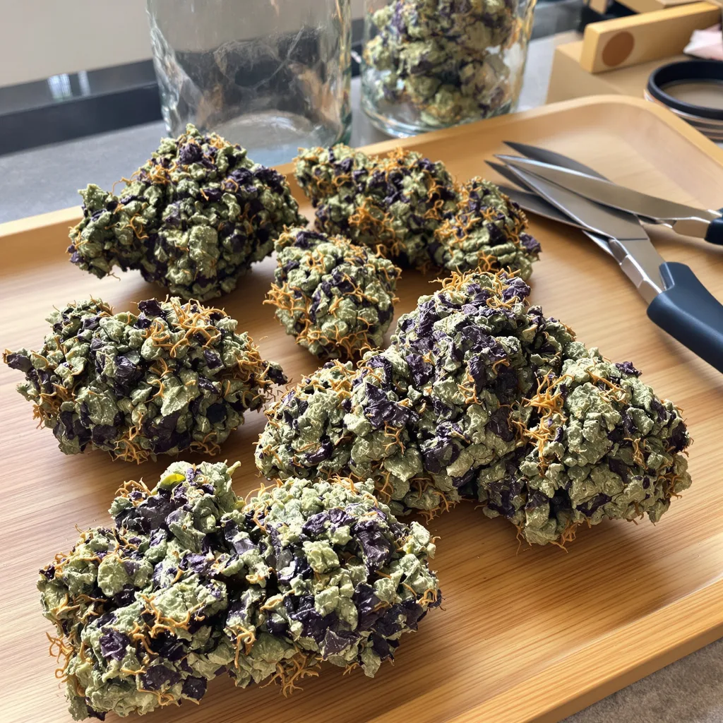 Nice Cherry 83% indica / 17% sativa — fleur avec trichomes visibles