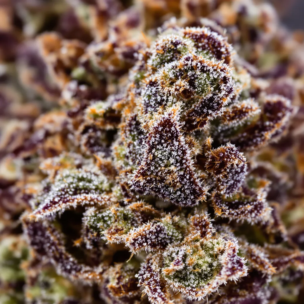 Gros plan de fleur de cannabis Nice Cherry montrant calices denses aux reflets violets