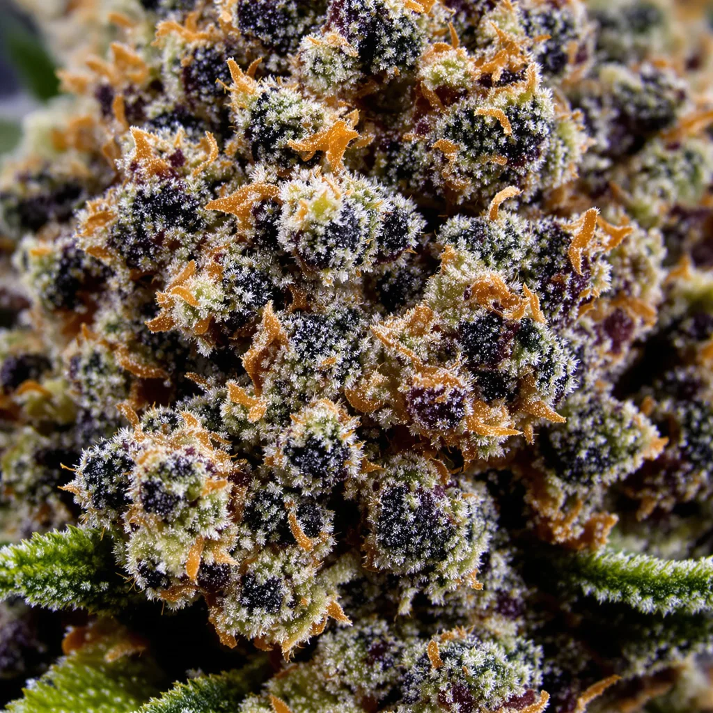 Gros plan de fleur de cannabis Night Nurse montrant calices denses aux reflets violets