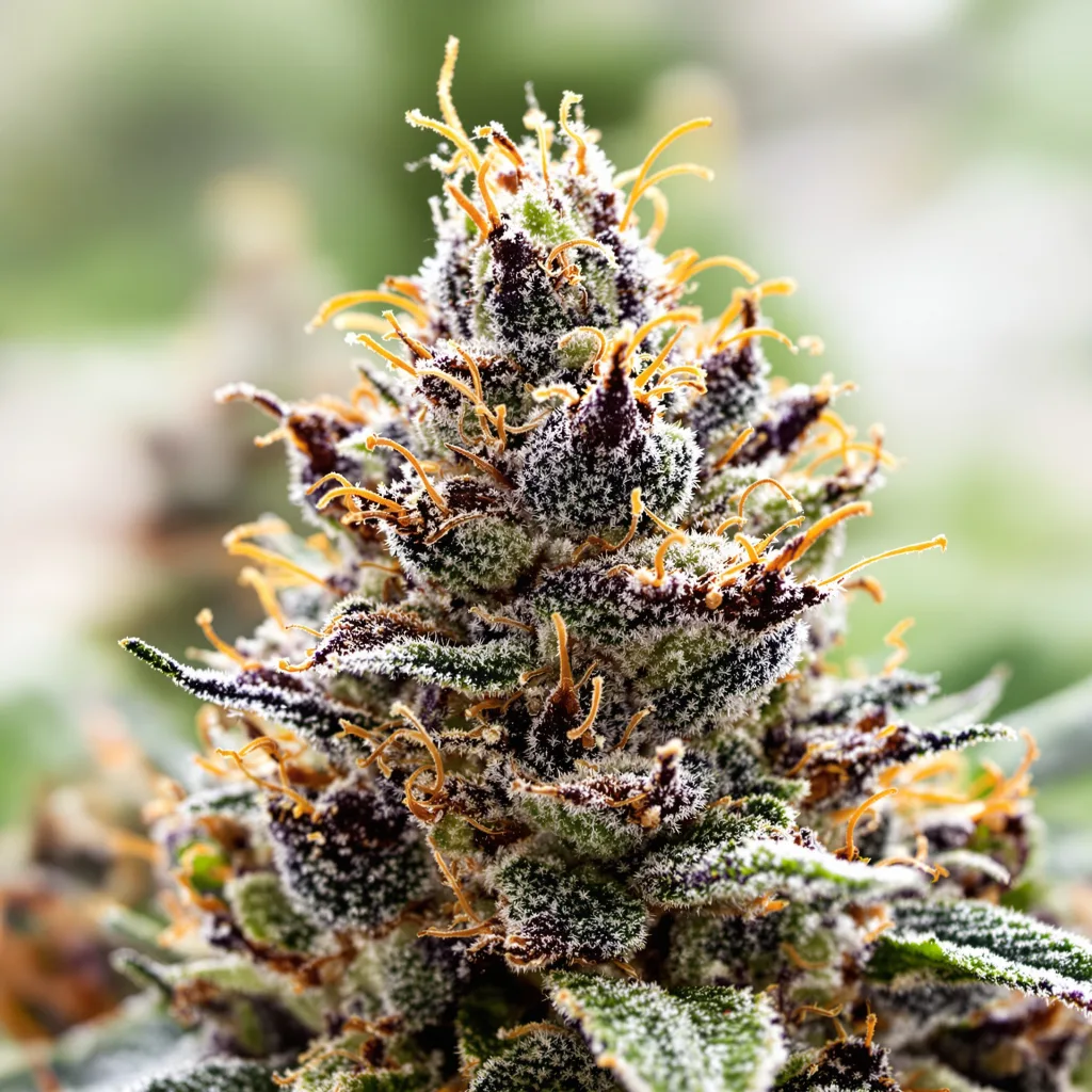 Gros plan de fleur de cannabis Night Terror OG montrant calices denses aux reflets violets