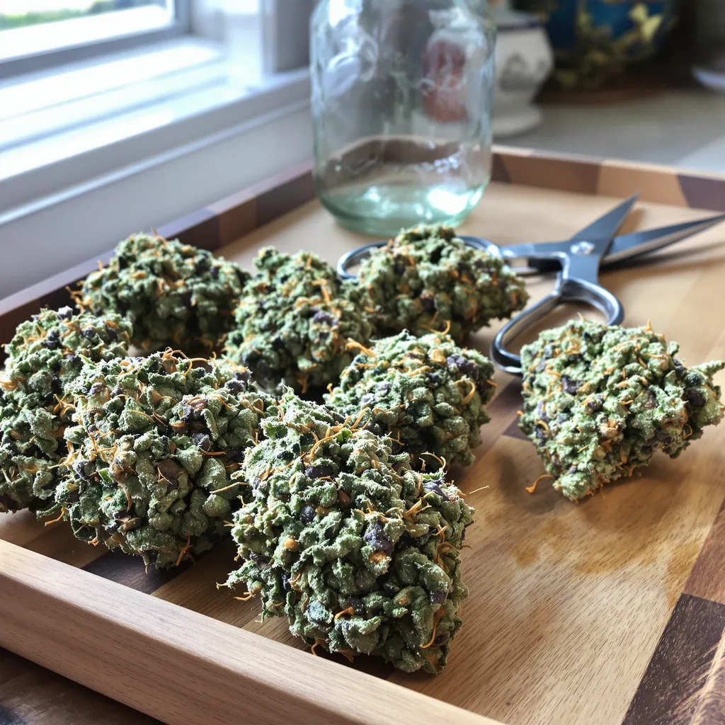 Night Train 54% indica / 46% sativa — fleur avec trichomes visibles