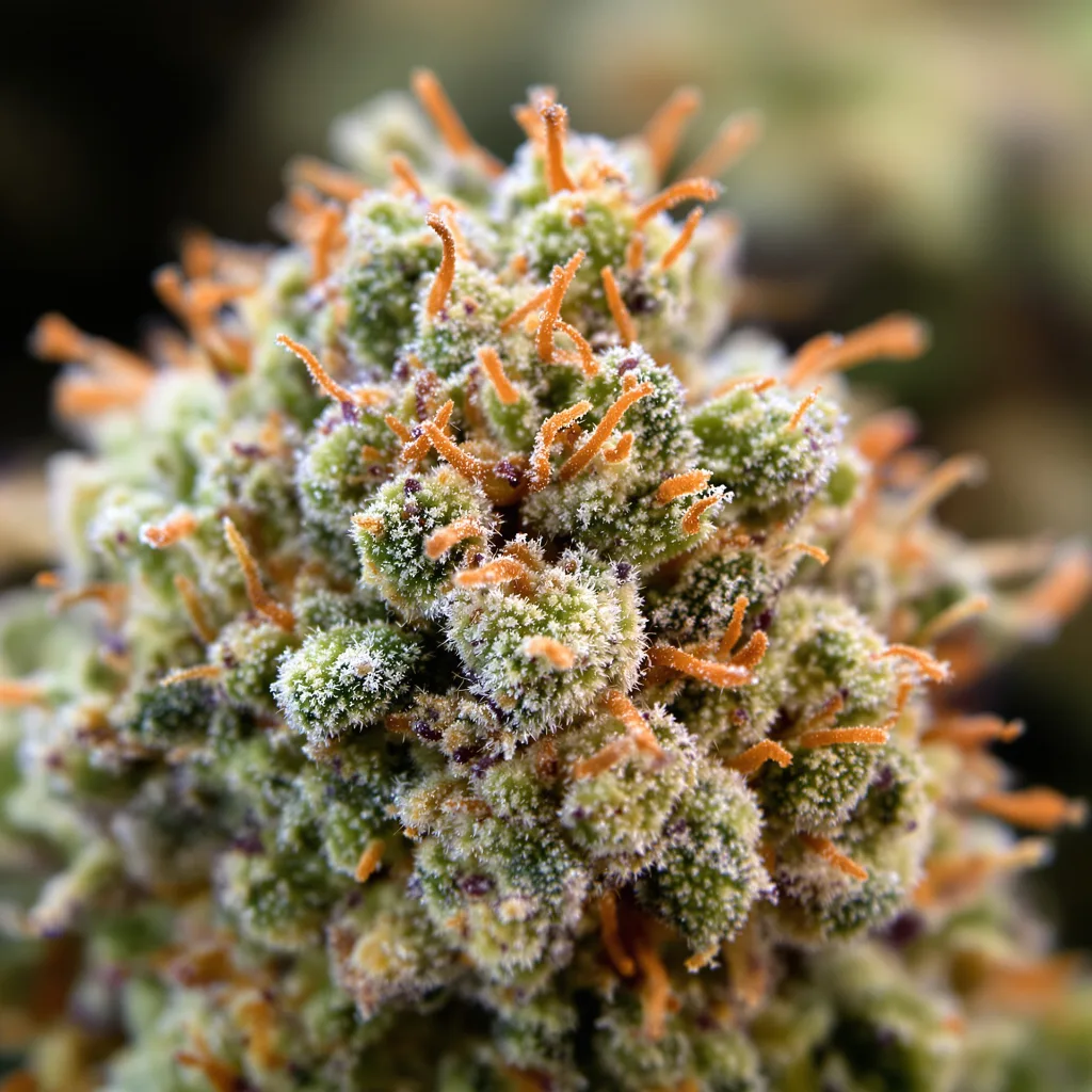 Gros plan de fleur de cannabis Night Train montrant structure équilibrée avec trichomes givrés