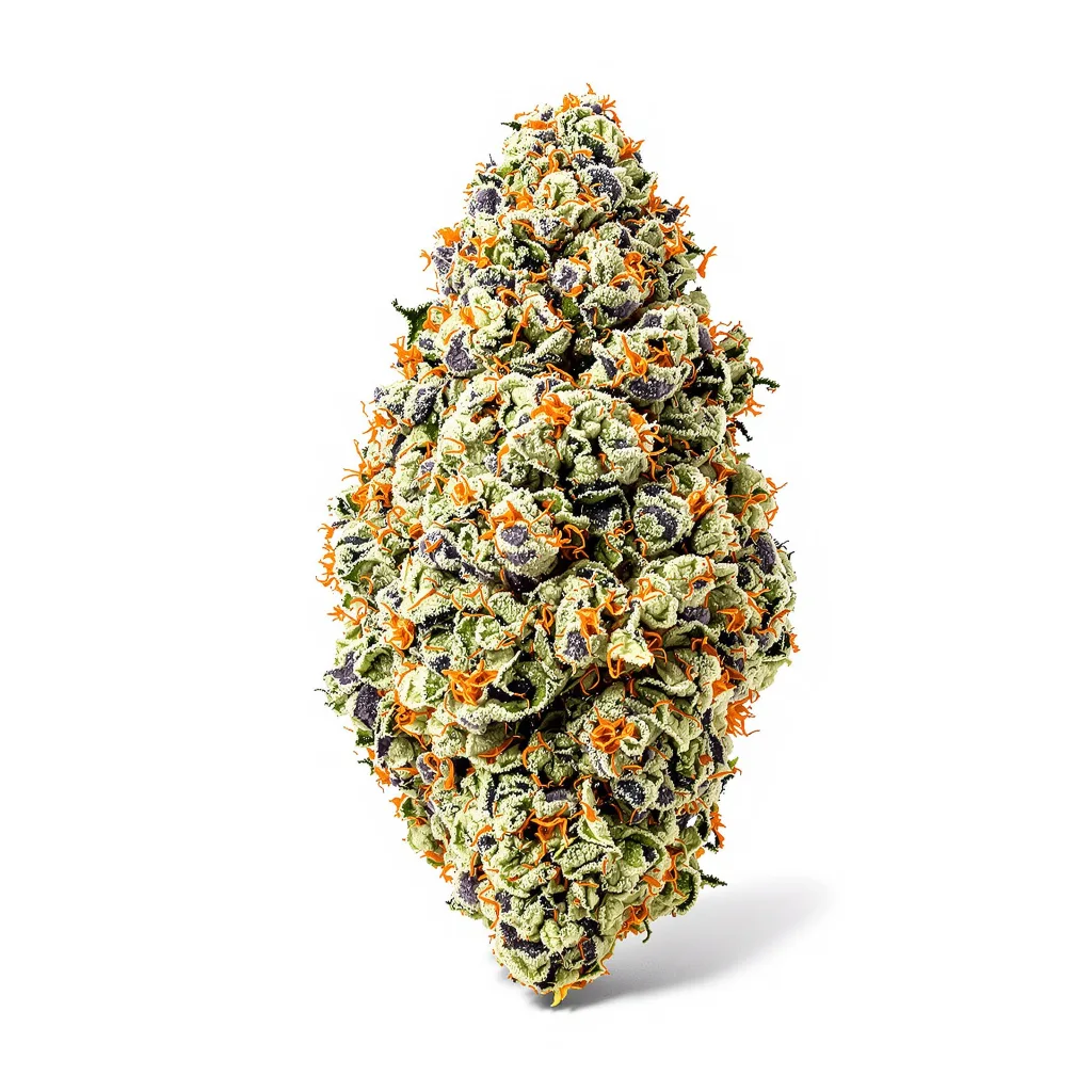 Night Train 54% indica / 46% sativa — fleur avec trichomes visibles