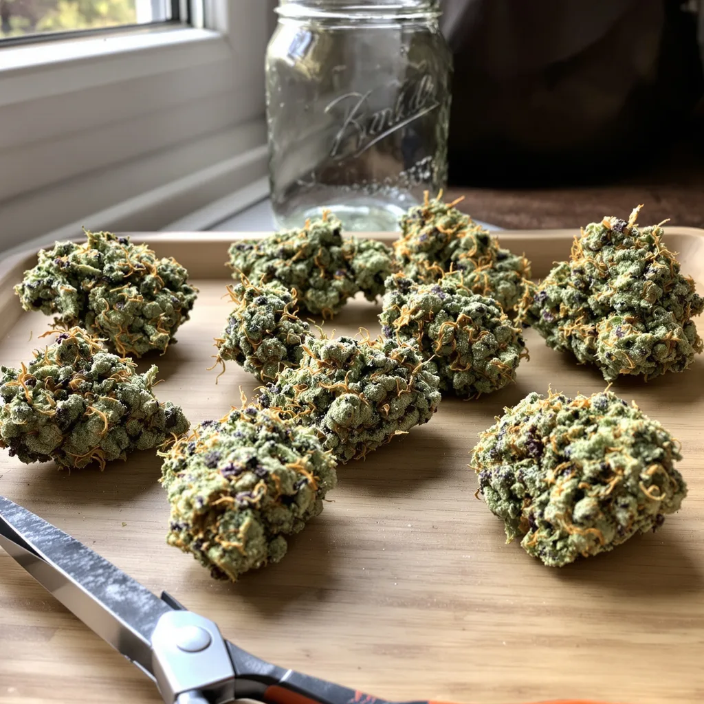 Night Train 54% indica / 46% sativa — fleur avec trichomes visibles