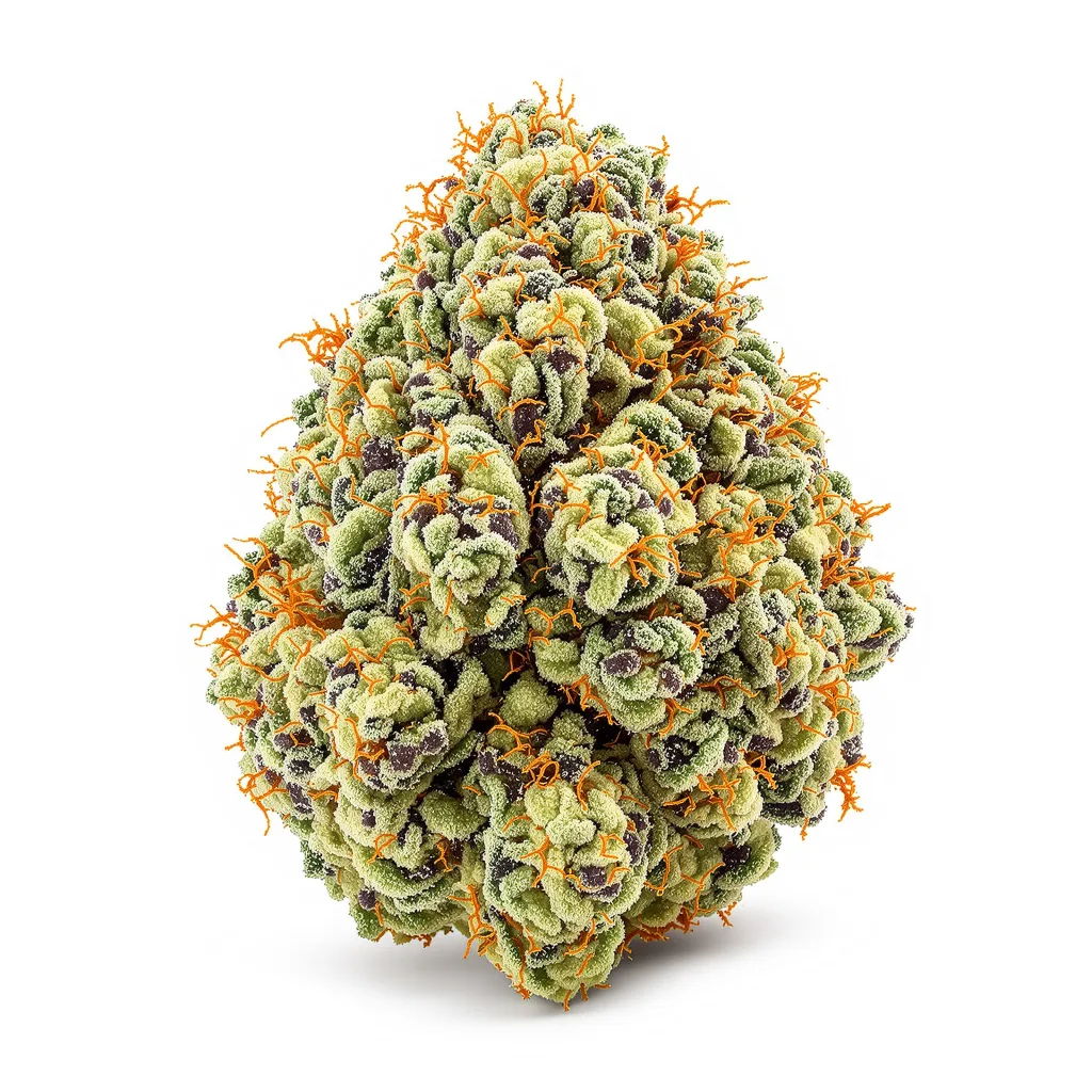 Night Train 54% indica / 46% sativa — fleur avec trichomes visibles