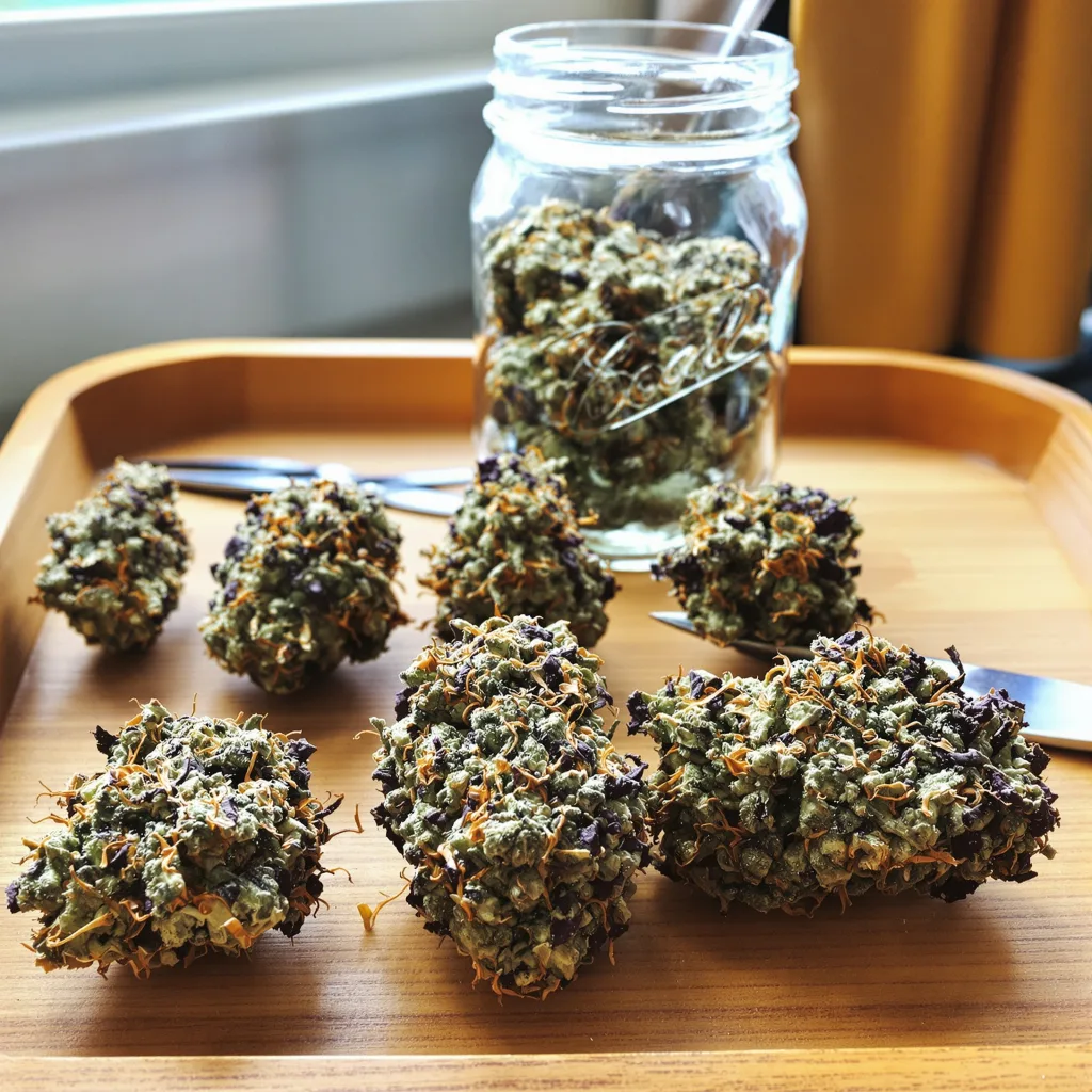 North American 78% indica / 22% sativa — fleur avec trichomes visibles