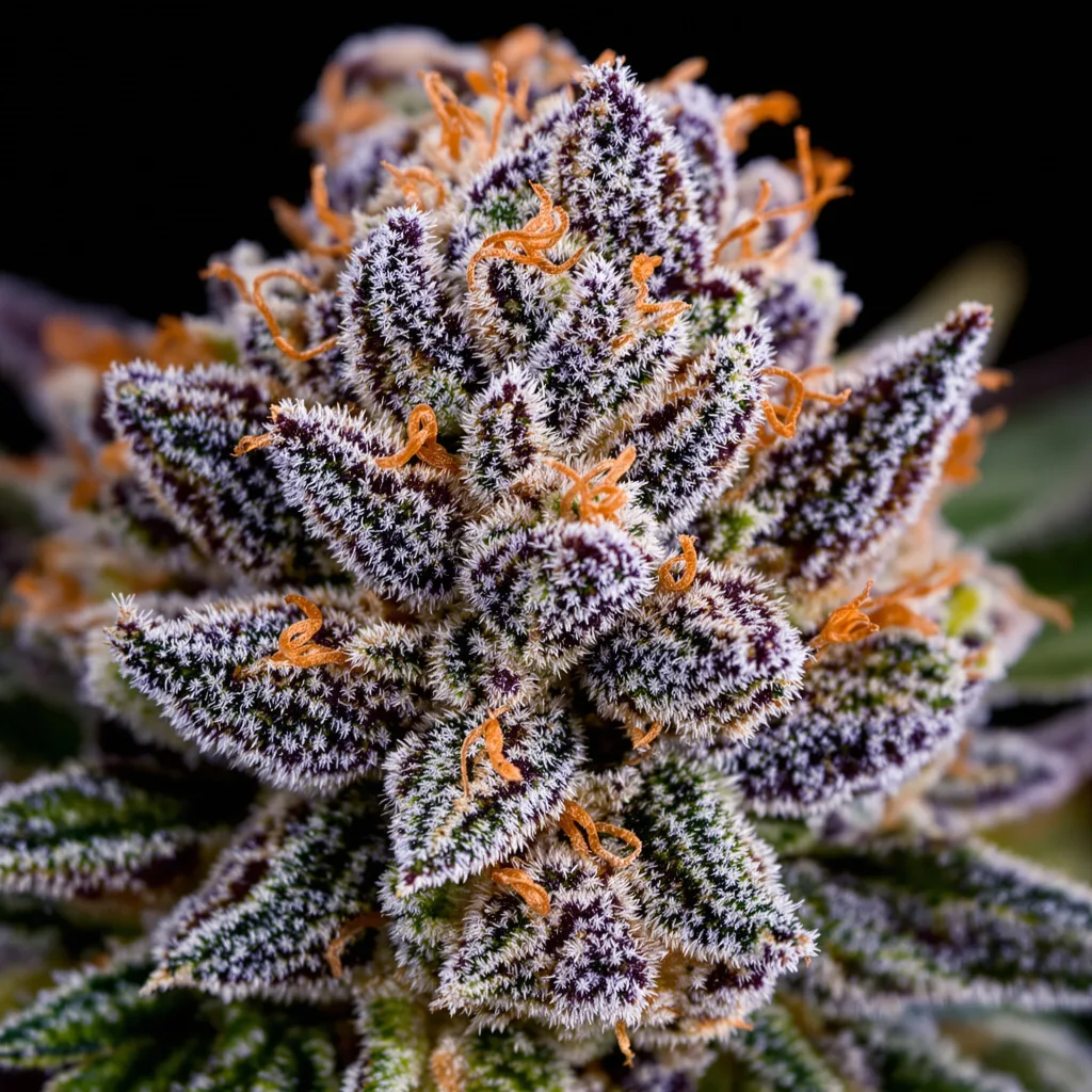 Gros plan de fleur de cannabis North American montrant calices denses aux reflets violets