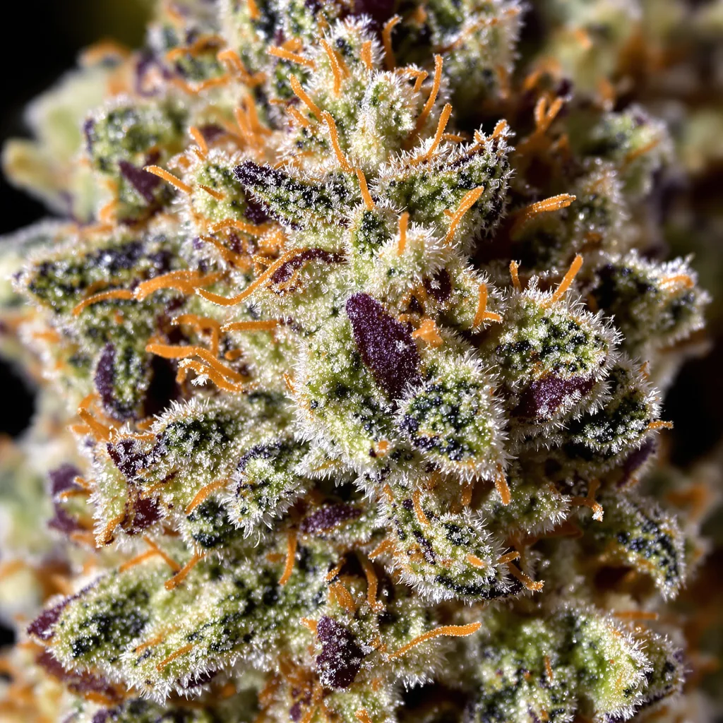 Gros plan de fleur de cannabis Northern Berry montrant structure ouverte avec pistils orangés