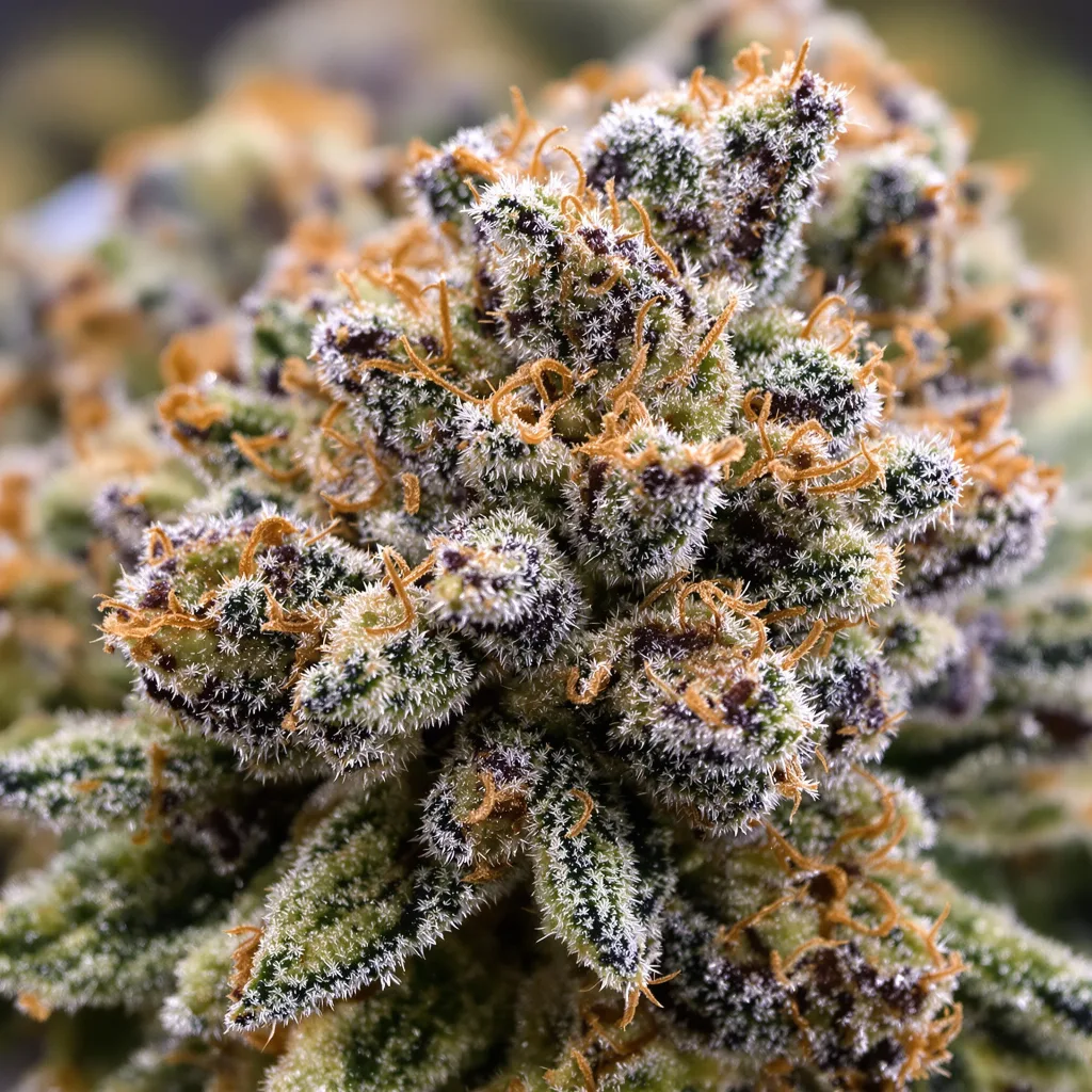 Gros plan de fleur de cannabis Northern Lights montrant calices denses aux reflets violets