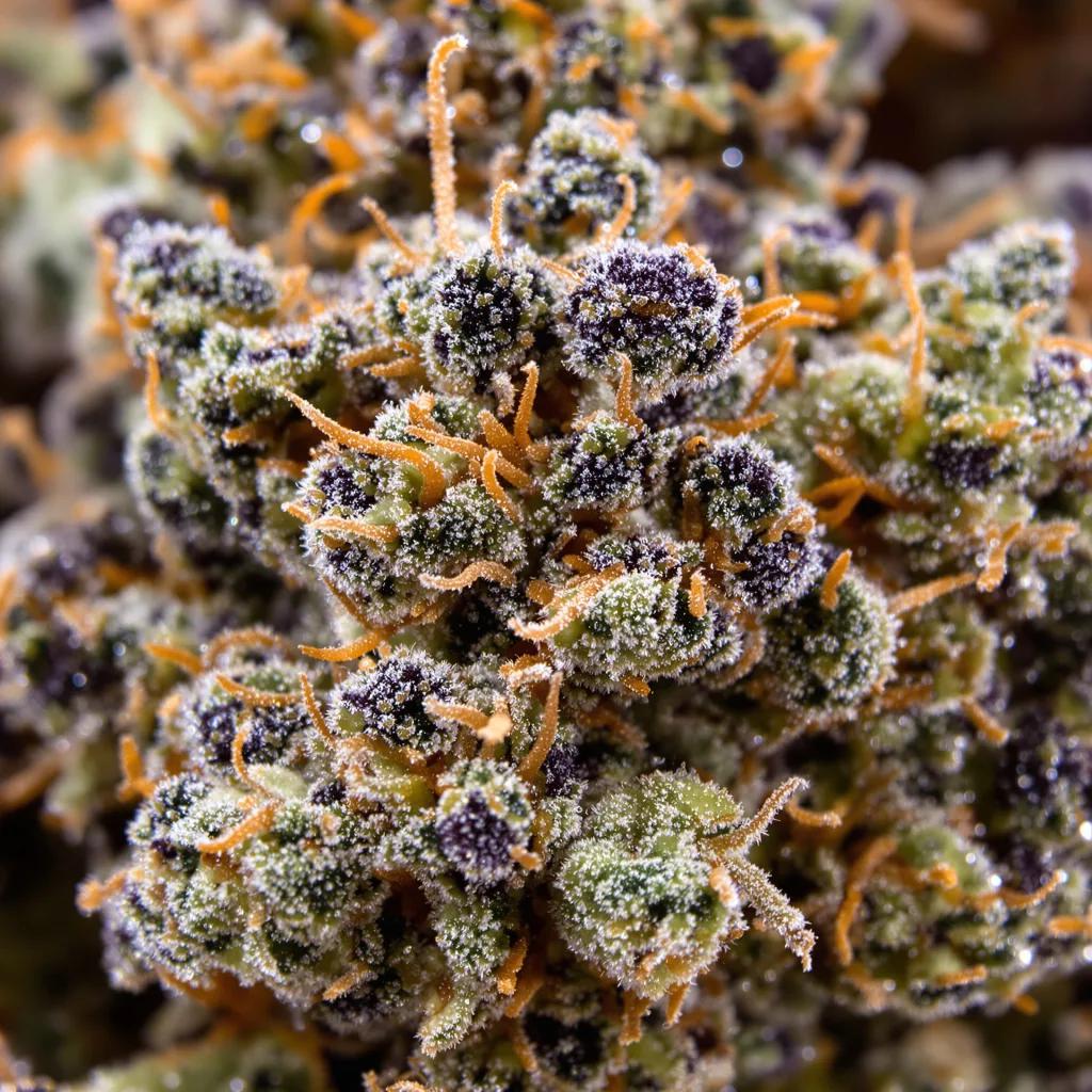 Gros plan de fleur de cannabis Northern Sunrise montrant calices denses aux reflets violets