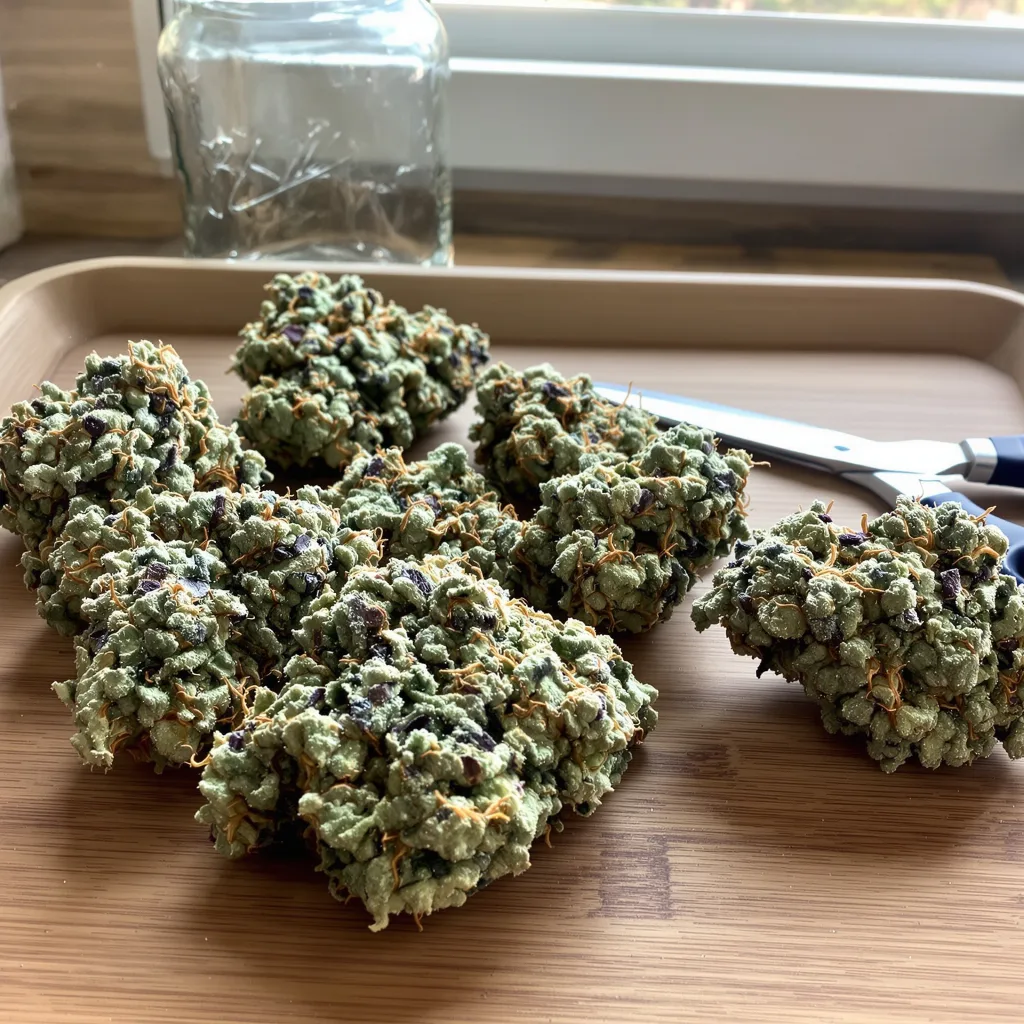 Nuclear Cookies 45% indica / 55% sativa — fleur avec trichomes visibles