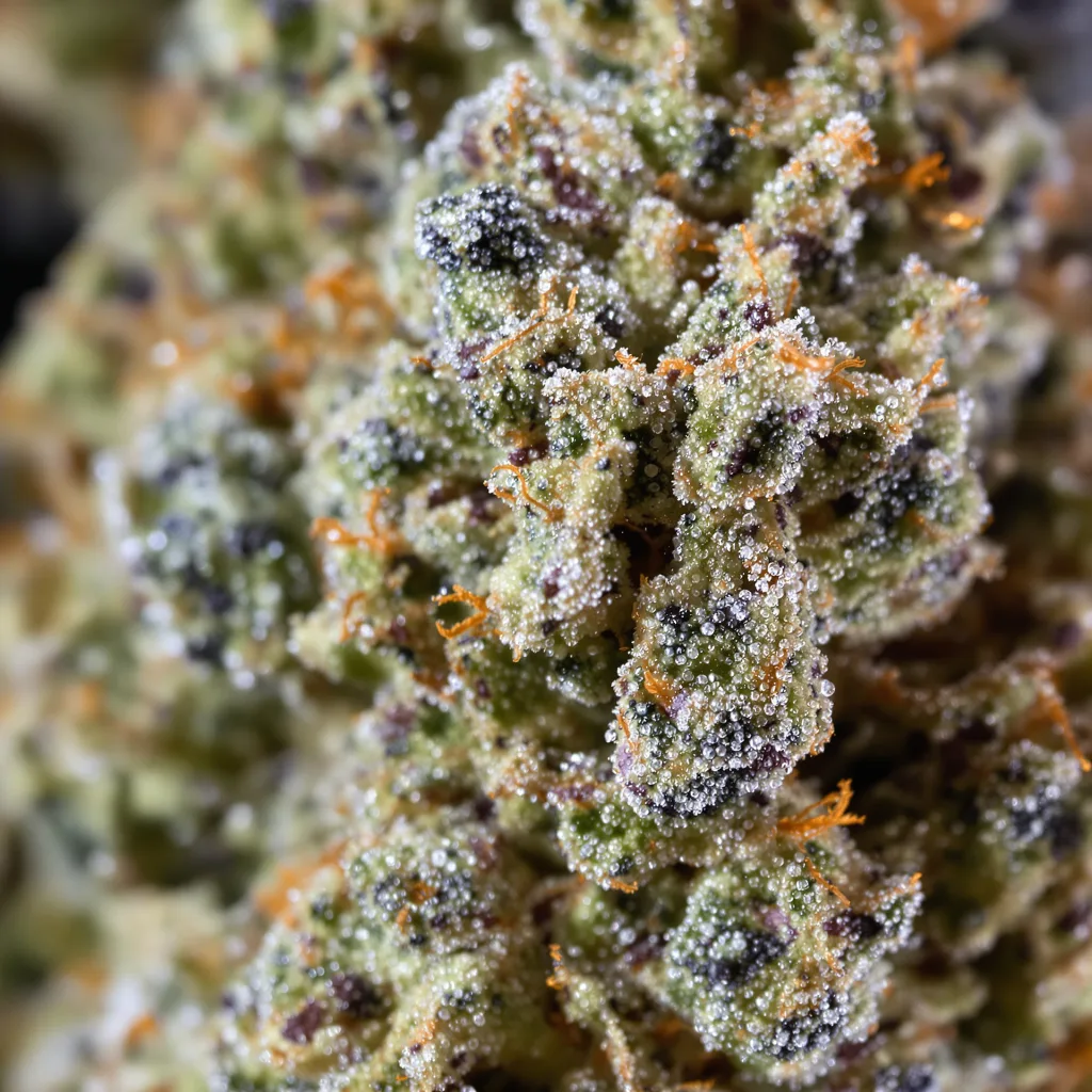 Gros plan de fleur de cannabis Nuclear Cookies montrant structure équilibrée avec trichomes givrés