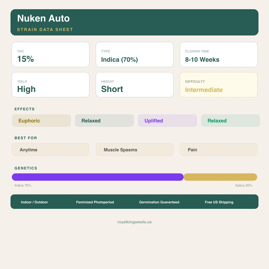 Nuken 70% indica / 20% sativa — fleur avec trichomes visibles