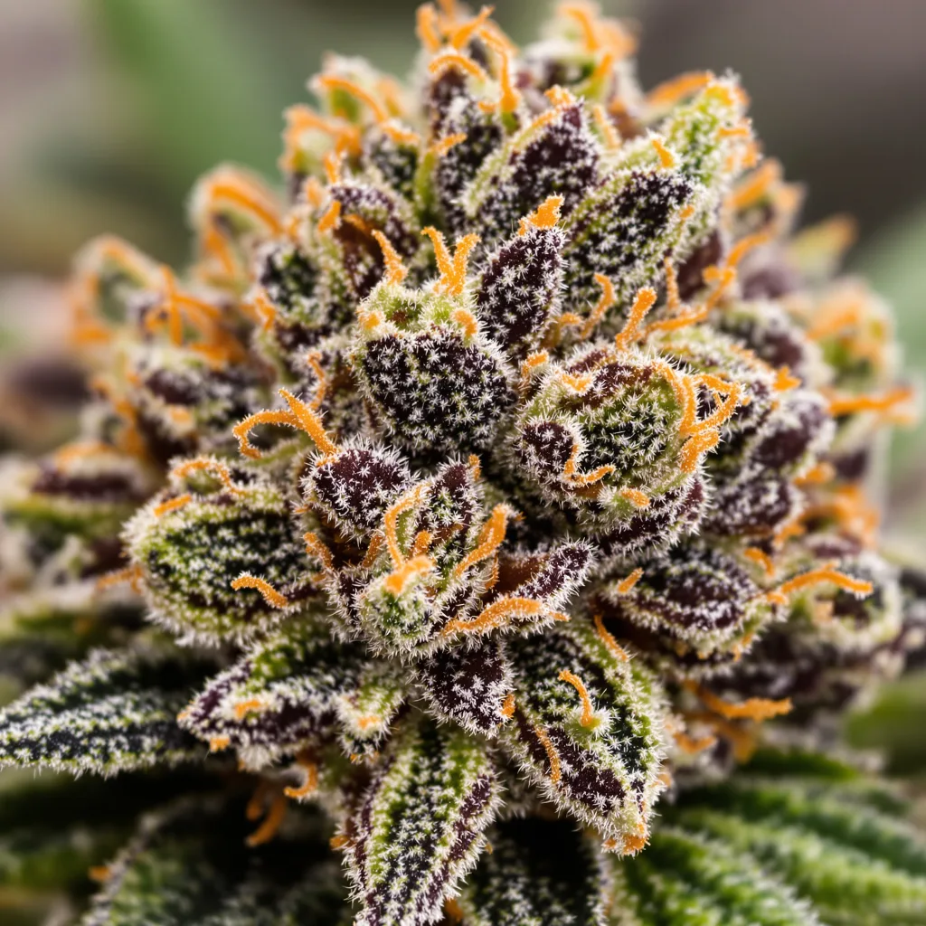 Gros plan de fleur de cannabis Nuken montrant calices denses aux reflets violets