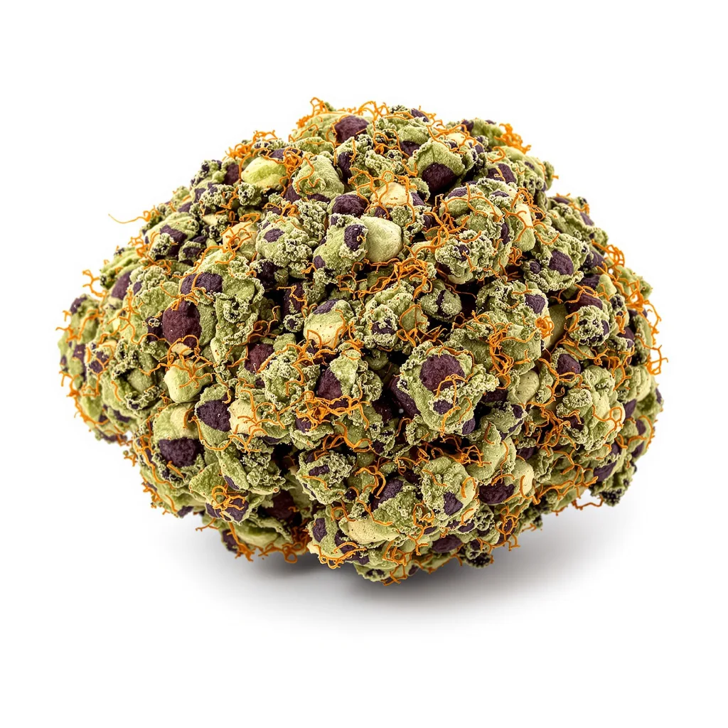 Nuken 70% indica / 20% sativa — fleur avec trichomes visibles