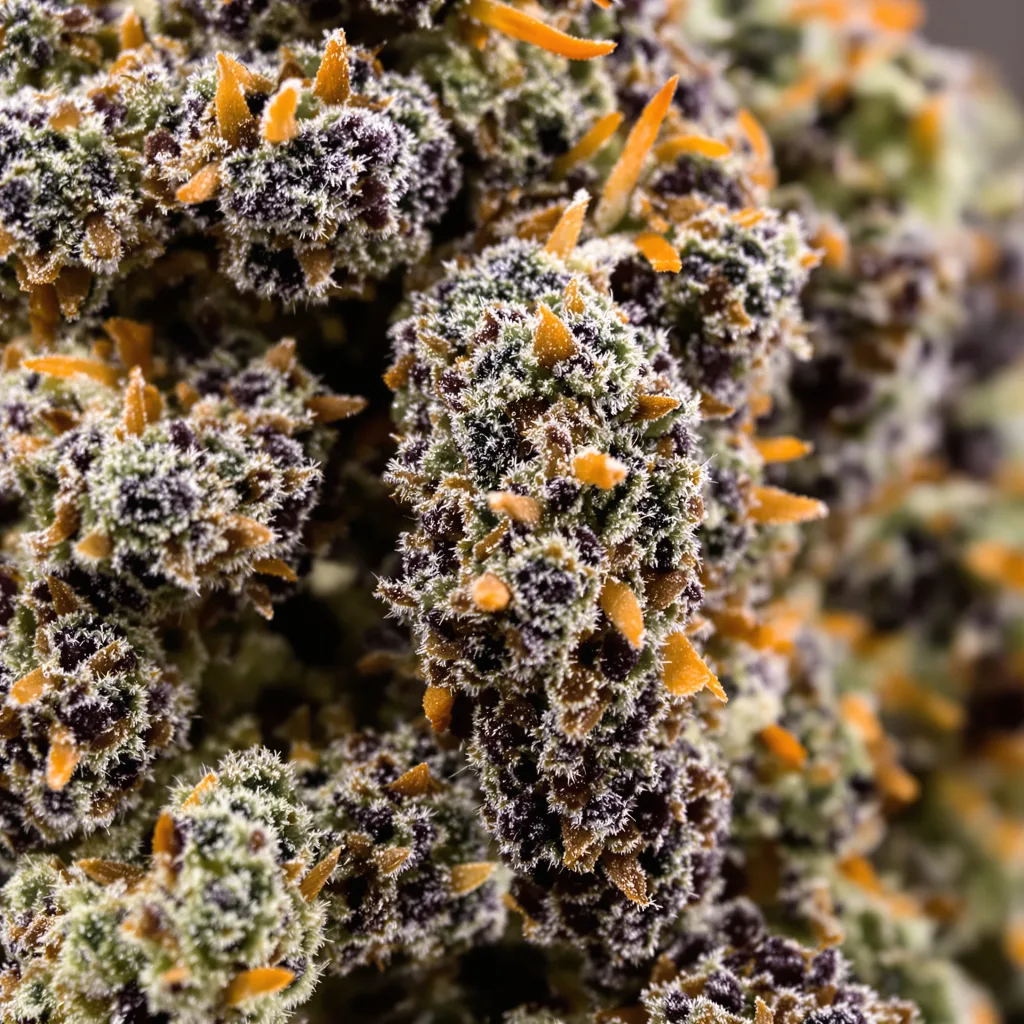 Gros plan de fleur de cannabis Nutter montrant calices denses aux reflets violets