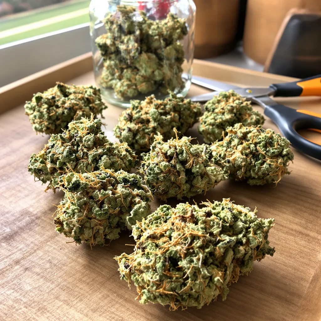 NY-47 23% indica / 77% sativa — fleur avec trichomes visibles