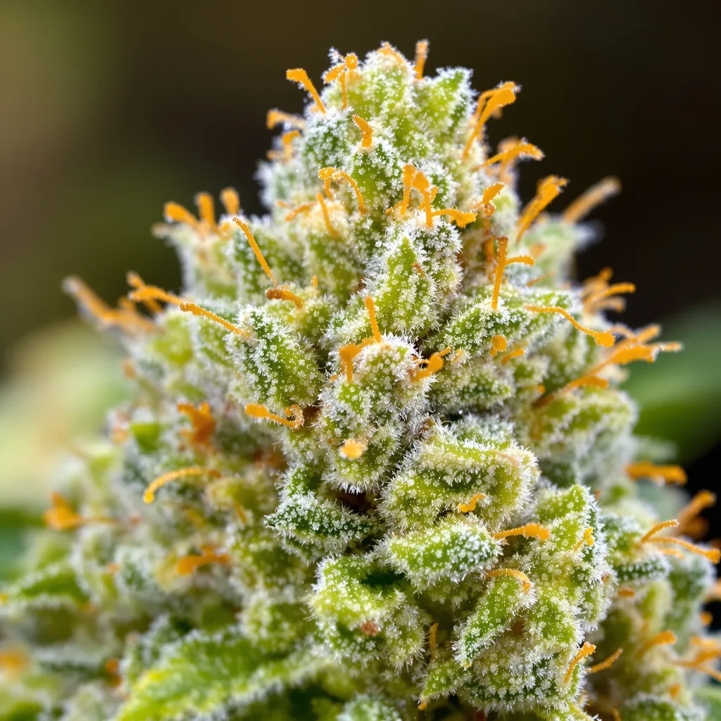 Gros plan de fleur de cannabis NY-47 montrant structure aérée vert lime